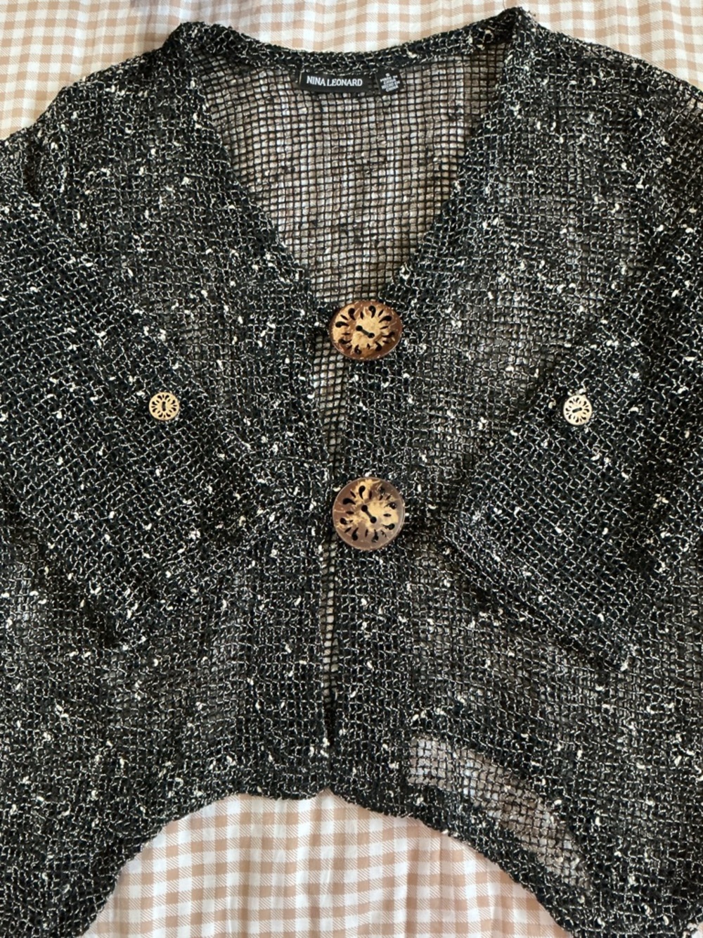 Cardigan sweater Nina Leonard (S) Black Open-Weave Mesh Top with Cream Flecking